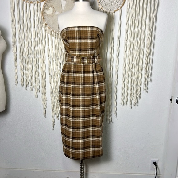 By Anthropologie Strapless Belted Midi Length Dress in Tan and Brown Plaid US6 - Picture 2 of 15